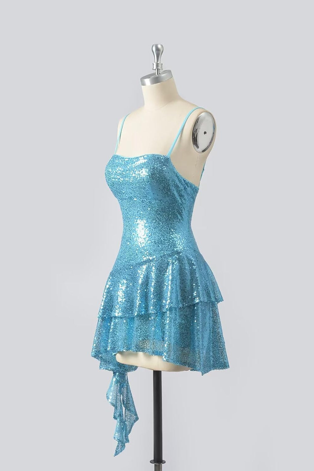 Straps Blue Asymmetrical Hem Sequin Short Dress