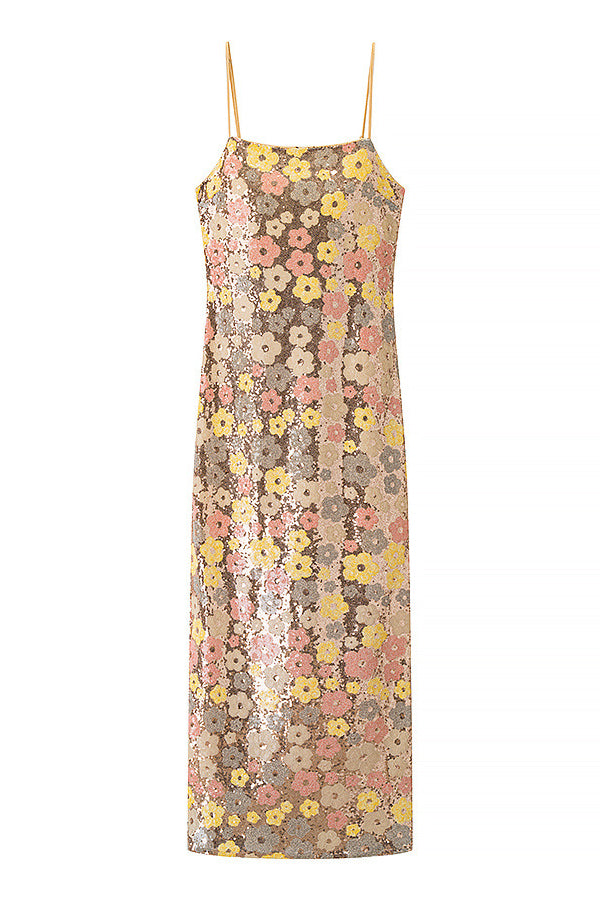 Straps Gold Floral Sequin Long Dress with Slit