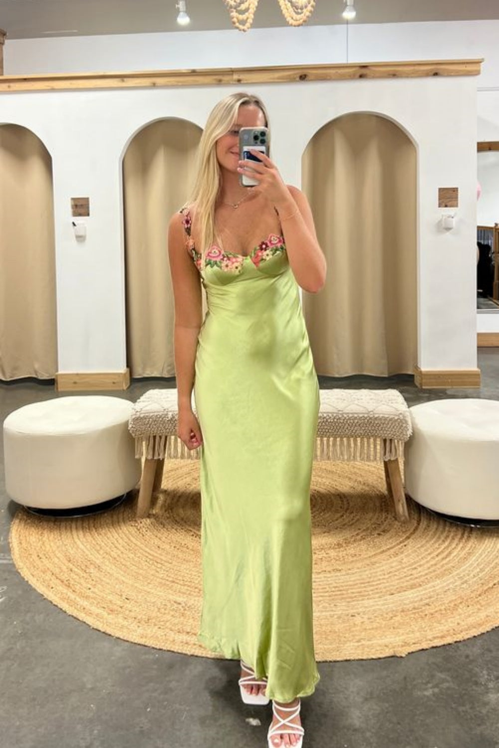 Straps Green Floral Appliques Satin Maxi Dress