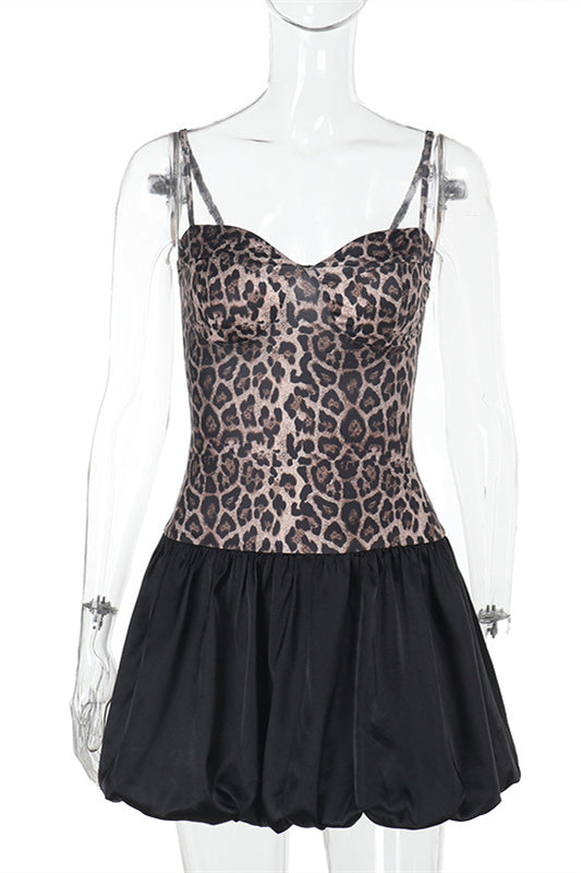 Straps Ieopard Print Patchwork A-line Short Dress