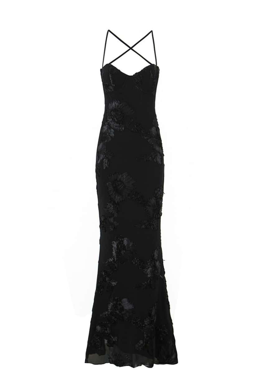 Straps Lemon Floral Appliques Fitted Maxi Dress