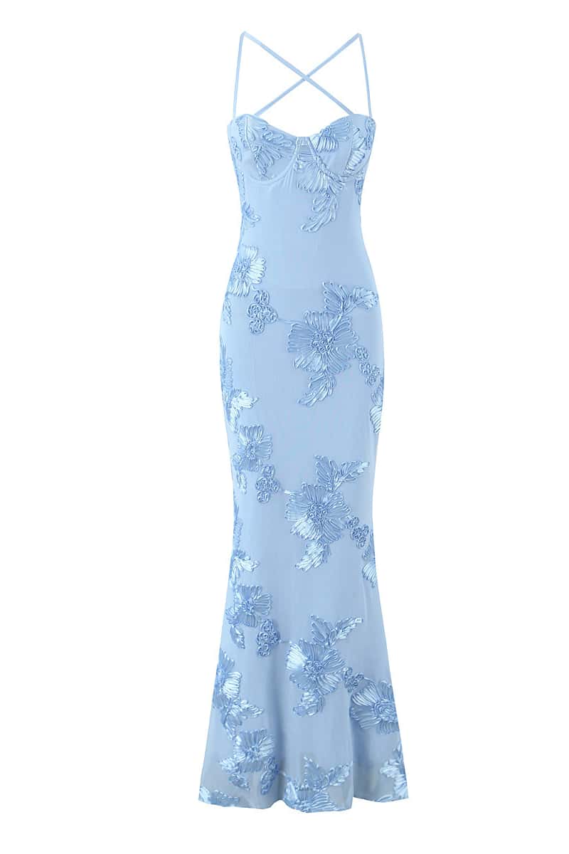 Straps Lemon Floral Appliques Fitted Maxi Dress