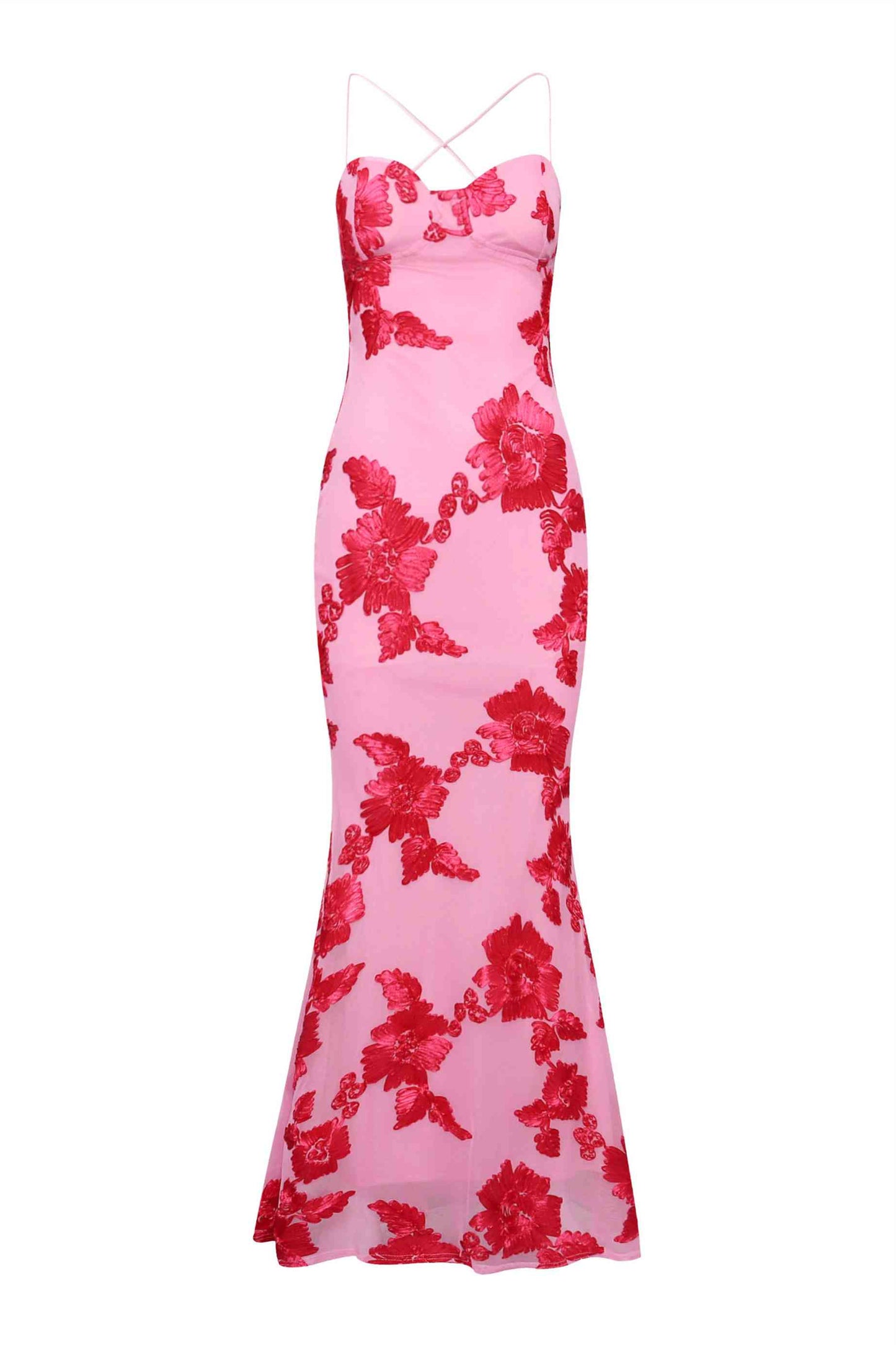 Straps Lemon Floral Appliques Fitted Maxi Dress