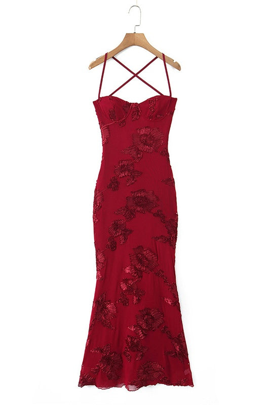 Straps Lemon Floral Appliques Fitted Maxi Dress