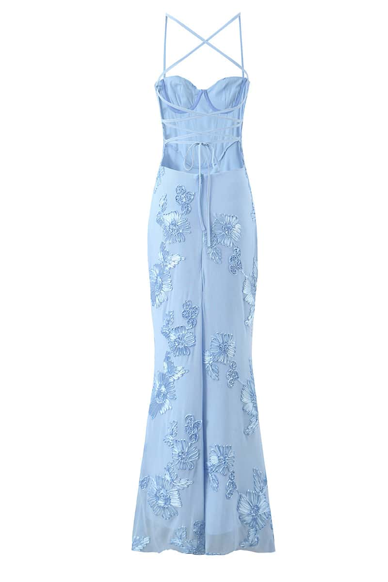Straps Lemon Floral Appliques Fitted Maxi Dress