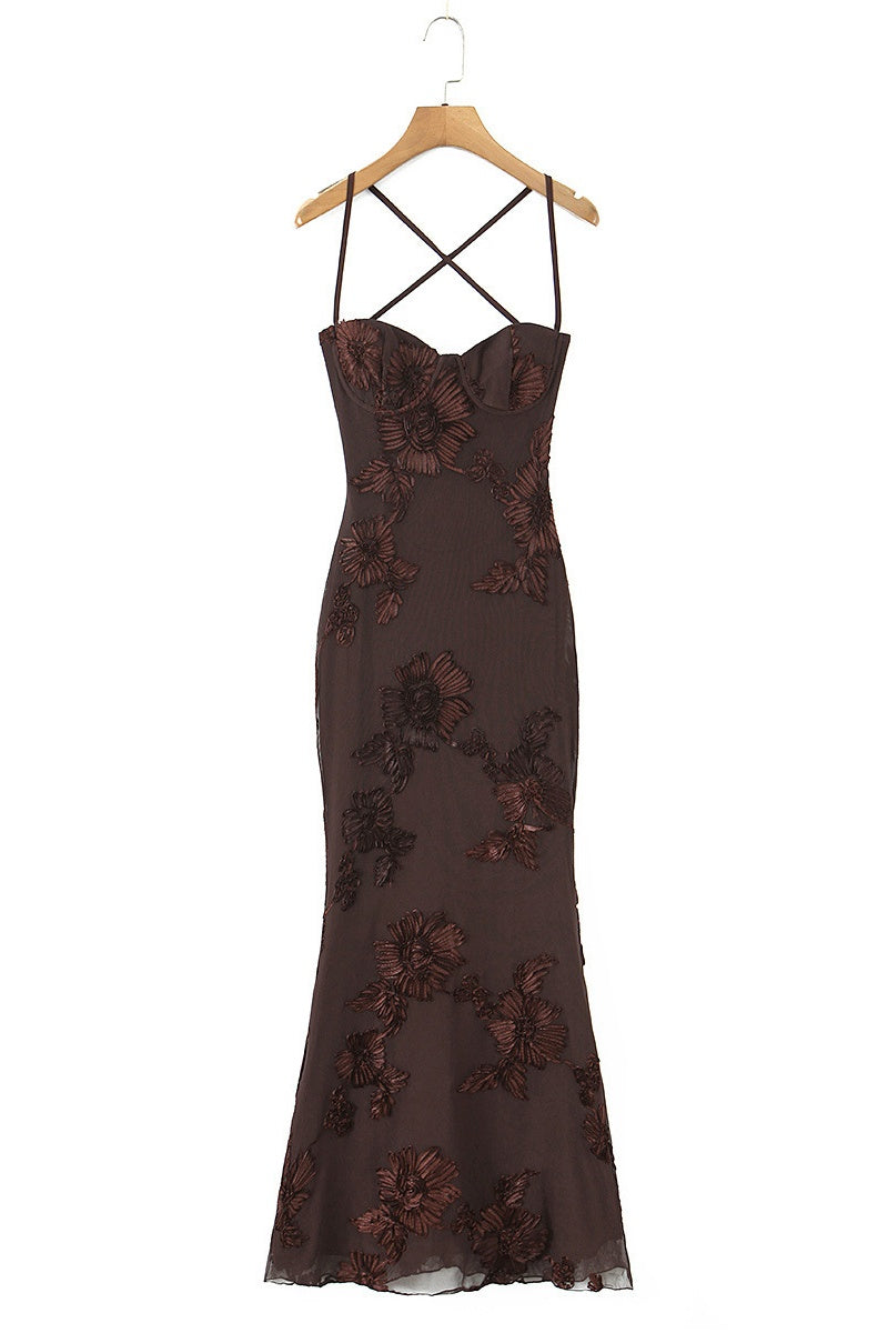 Straps Lemon Floral Appliques Fitted Maxi Dress