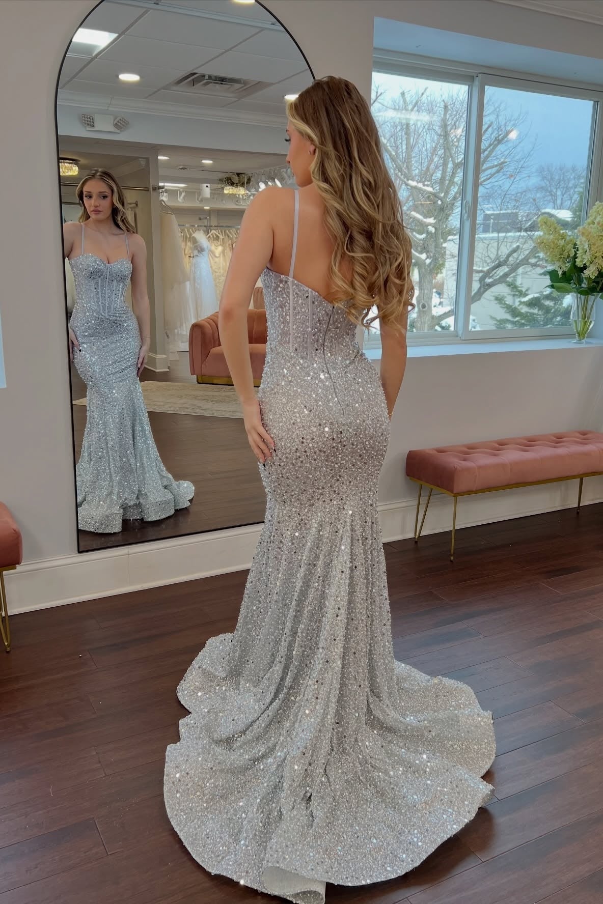 Straps Light Blue Sequin Long Dress with Beaded