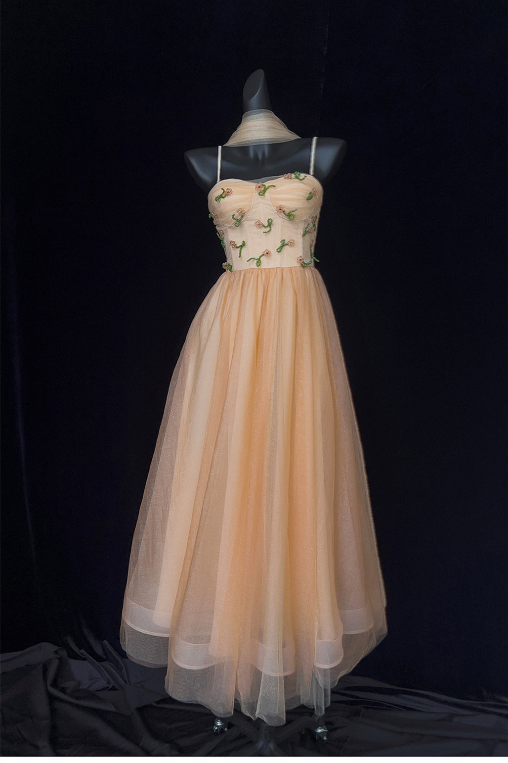 Straps Light Orange Floral Beaded Tulle Long Dress