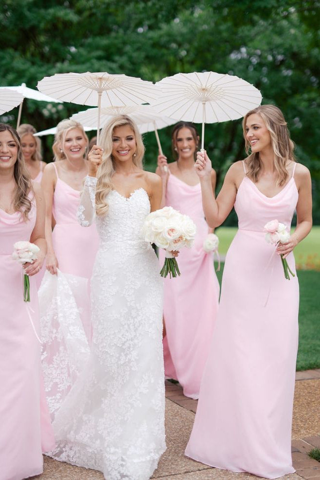 Straps Light Pink Cowl Back Bridesmaid Dress