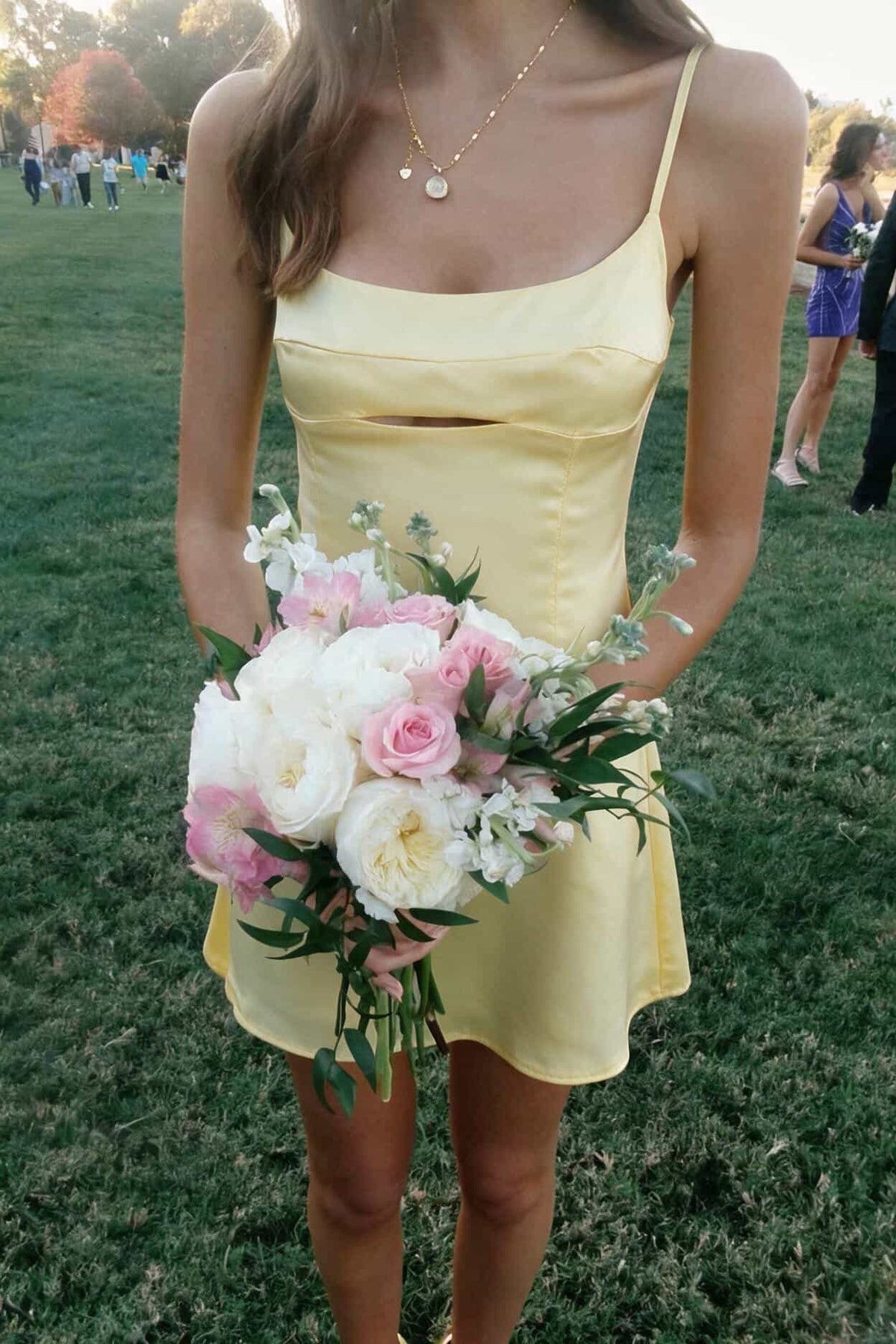 Straps Light Pink Short Dress with Cut-out