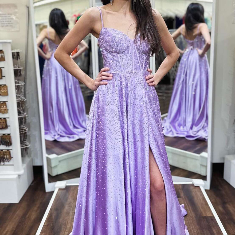 
                      
                        Straps Lilac Beaded A-line Long Dress with Slit
                      
                    