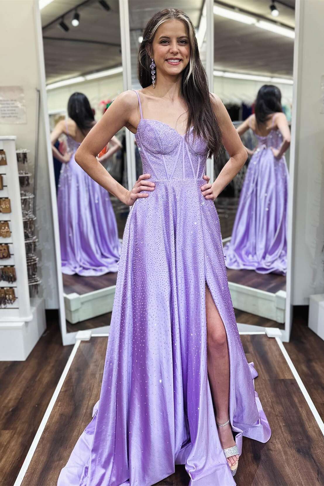 Straps Lilac Beaded A-line Long Dress with Slit