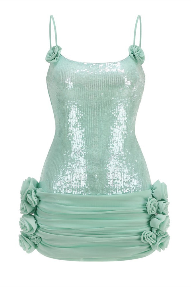 Straps Mint Green Sequin Short Dress with 3D Floral