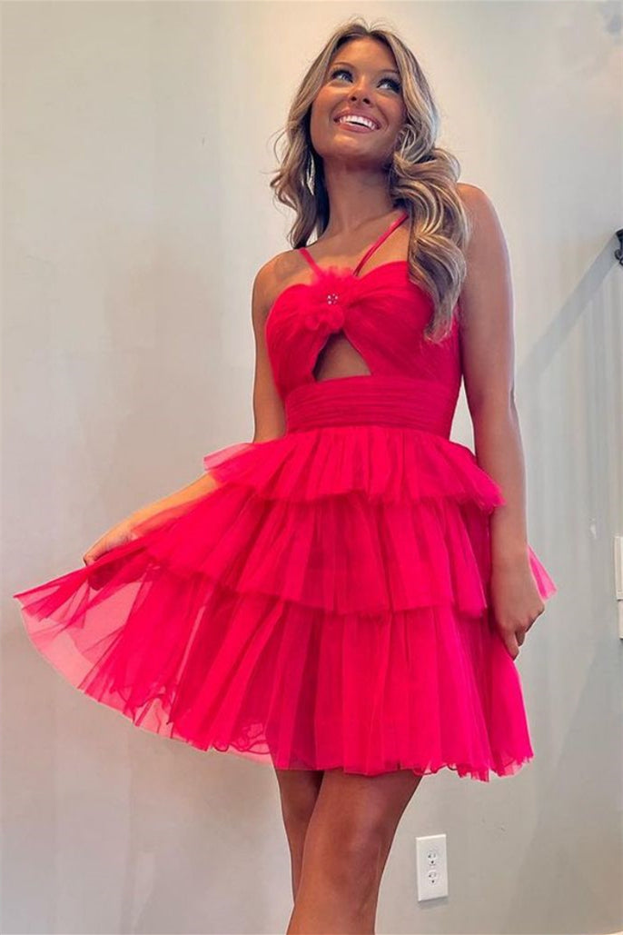 Straps Orange Tiered Ruffle Short Homecoming Dress