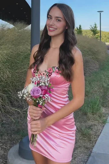 Straps Pink 3D Floral Satin Mini Dress