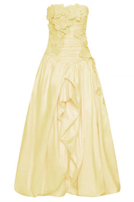 Straps Pink Appliques Pleated Long Dress with Slit