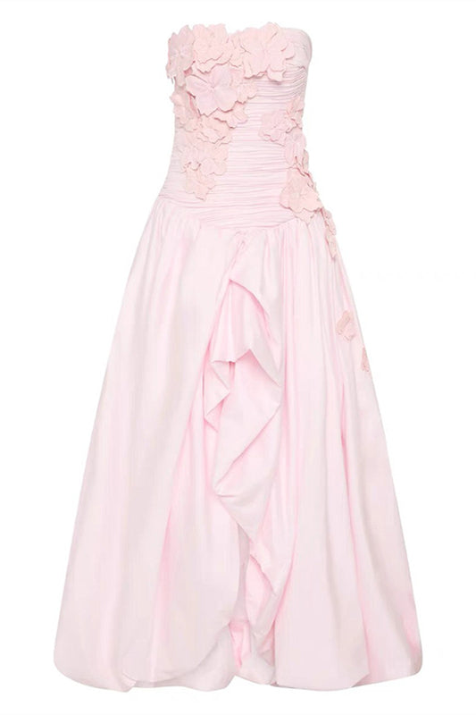 Straps Pink Appliques Pleated Long Dress with Slit