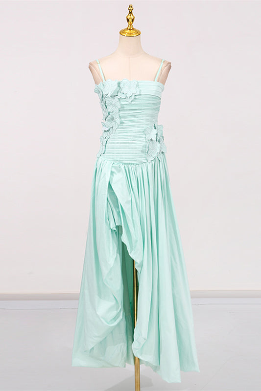 Straps Pink Appliques Pleated Long Dress with Slit