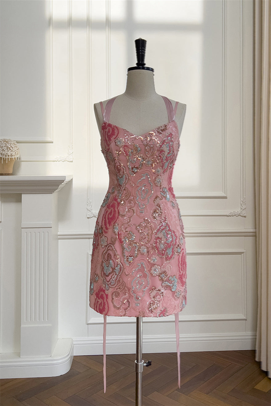 Straps Pink Sequin Embroidered Sheath Short Dress