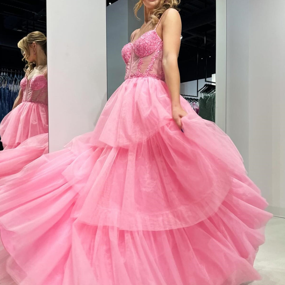 
                      
                        Straps Pink Sequin Tiered A-line Long Dress
                      
                    