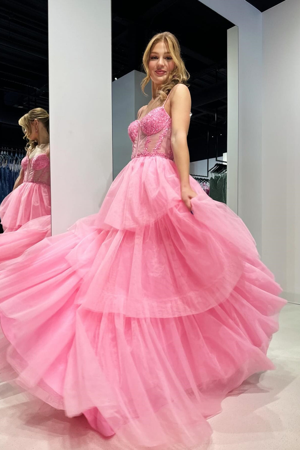 Straps Pink Sequin Tiered A-line Long Dress