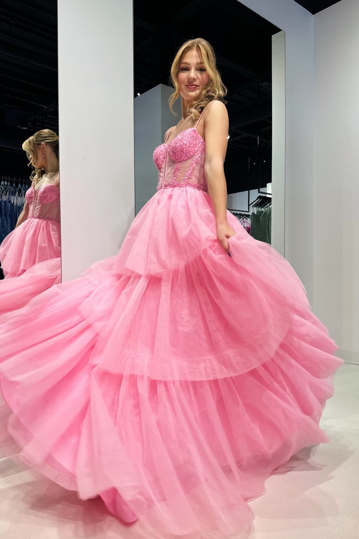 Straps Pink Sequin Tiered A-line Long Dress