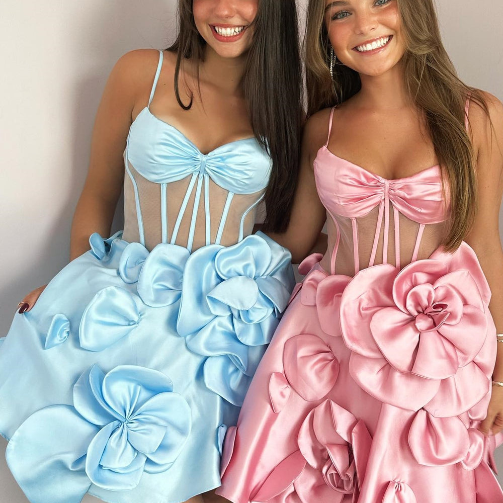 
                      
                        Straps Pink Sheer Bodice Short Dress with Rosette
                      
                    