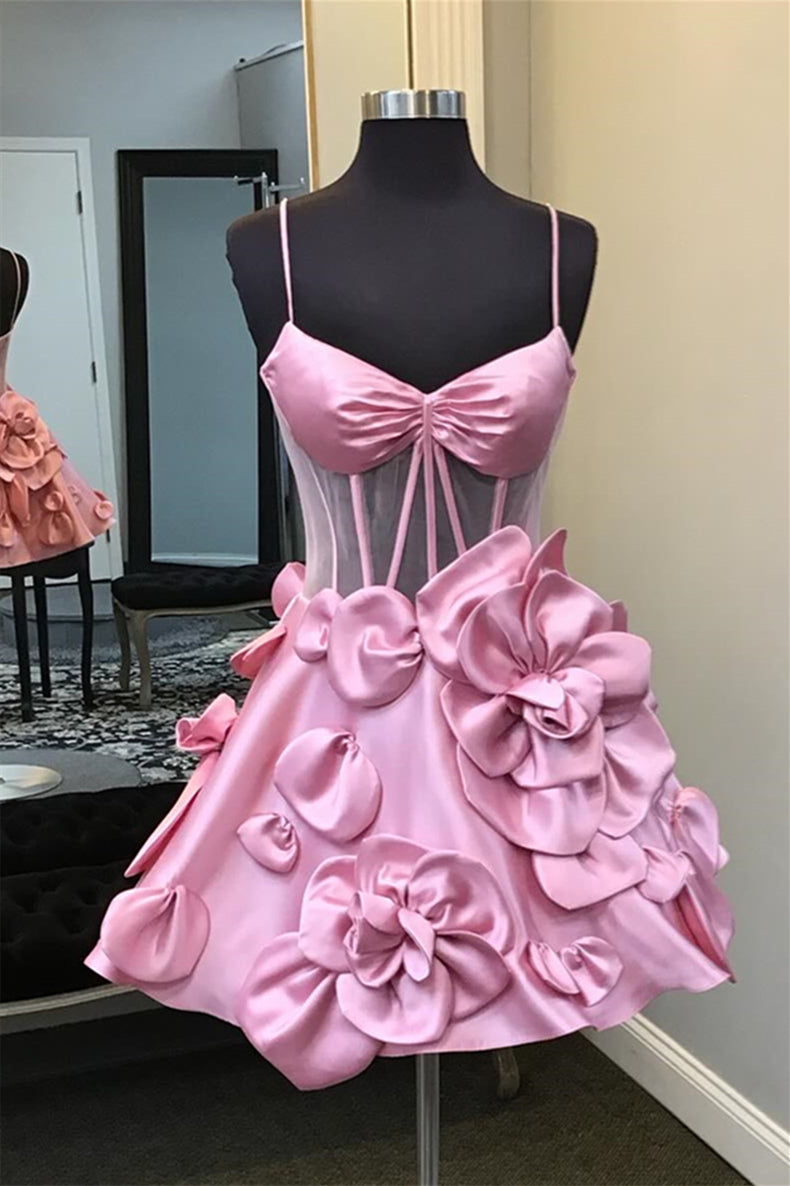Straps Pink Sheer Bodice Short Dress with Rosette