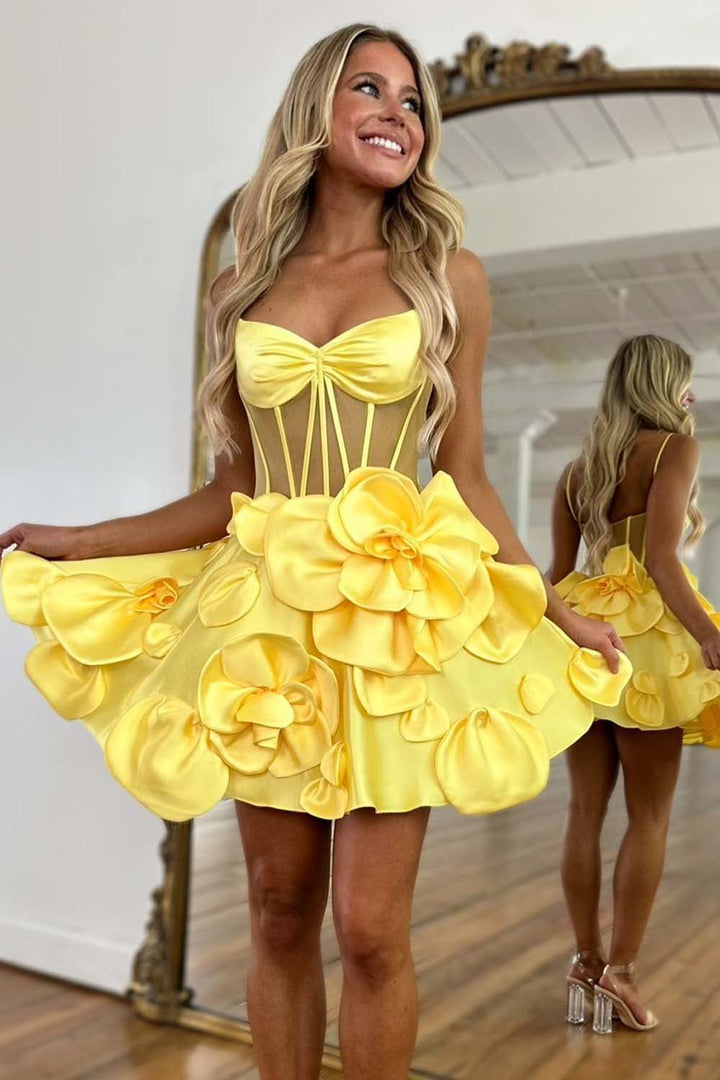 Straps Pink Sheer Bodice Short Dress with Rosette