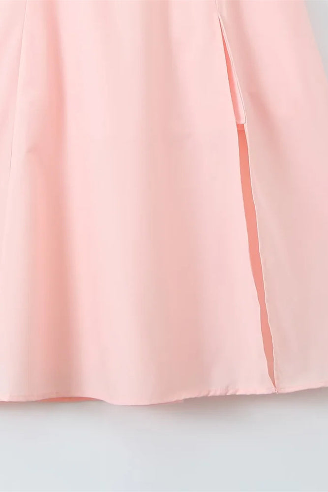 
                      
                        Straps Pink Tie Front A-line Midi Dress with Slit
                      
                    