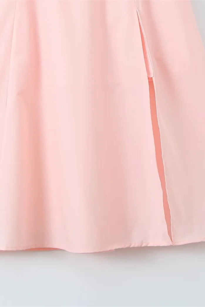 Straps Pink Tie Front A-line Midi Dress with Slit