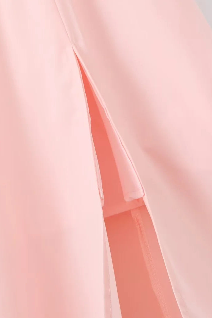 Straps Pink Tie Front A-line Midi Dress with Slit