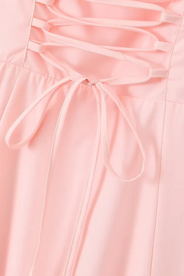 Straps Pink Tie Front A-line Midi Dress with Slit