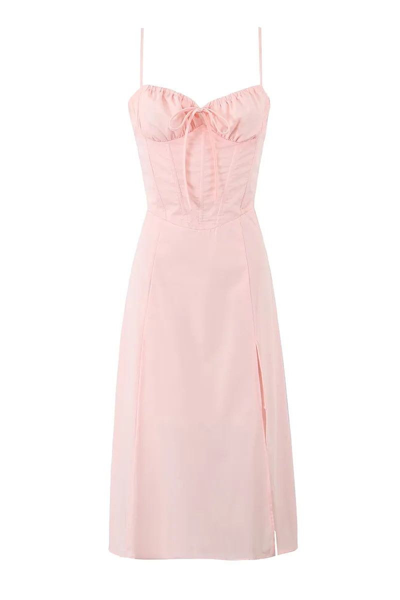 Straps Pink Tie Front A-line Midi Dress with Slit