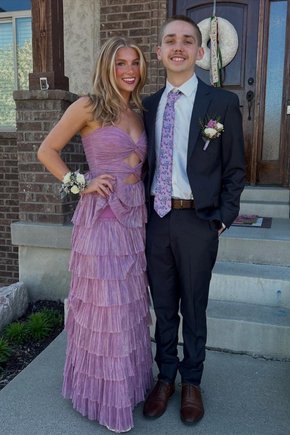 Straps Pleated Bodice Tiered Long Dress with Keyhole