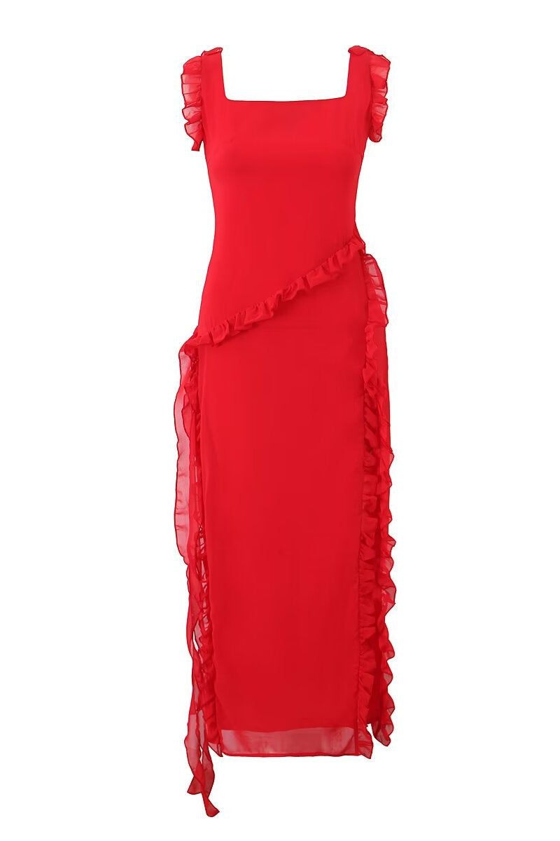 Straps Red Ruffle Long Summer Dress with Slit