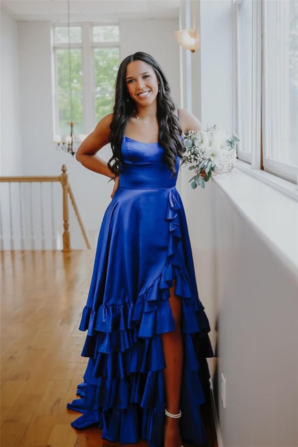 Straps Red Tiered Ruffle Satin Long Formal Dress