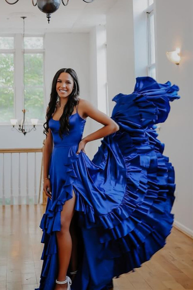 
                      
                        Straps Red Tiered Ruffle Satin Long Formal Dress
                      
                    