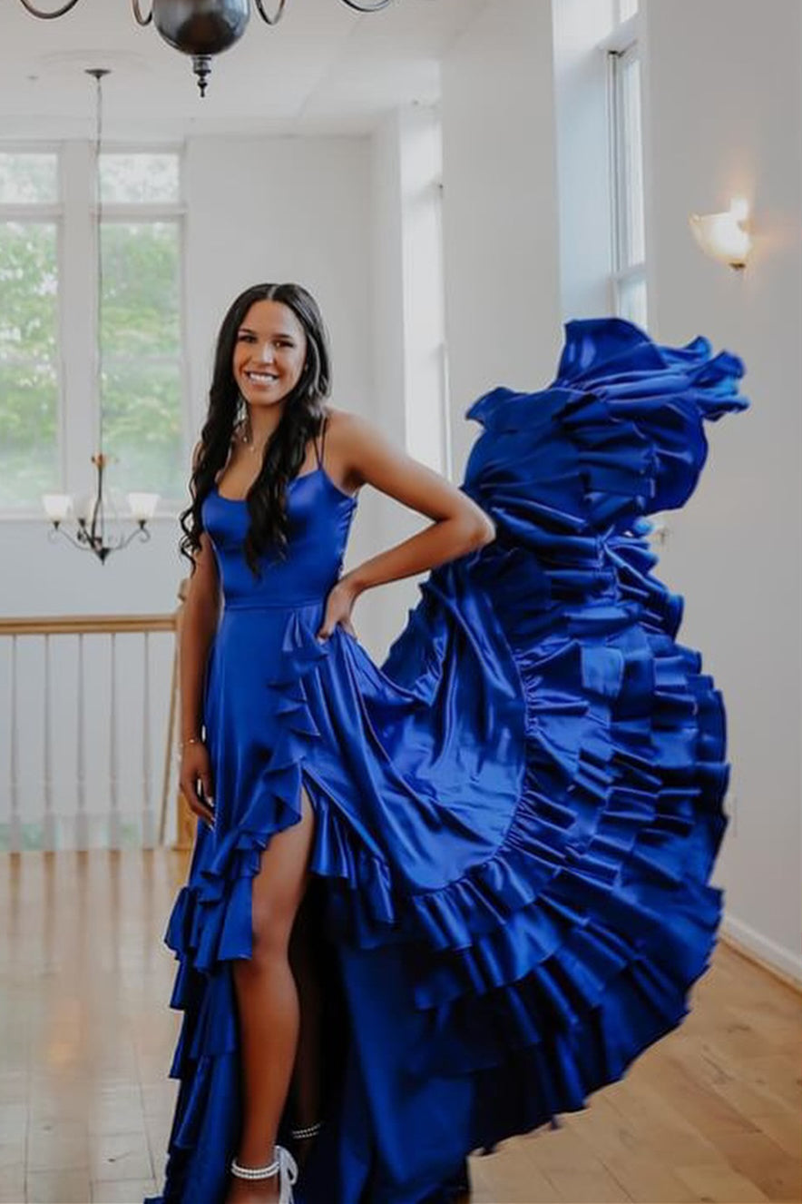 Straps Red Tiered Ruffle Satin Long Formal Dress