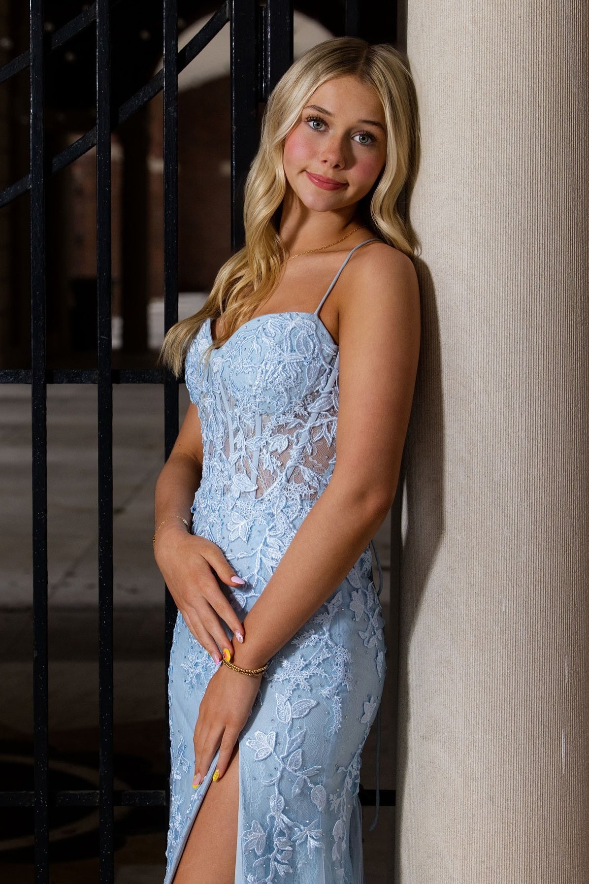 Straps Royal Blue Appliques Long Dress with Slit