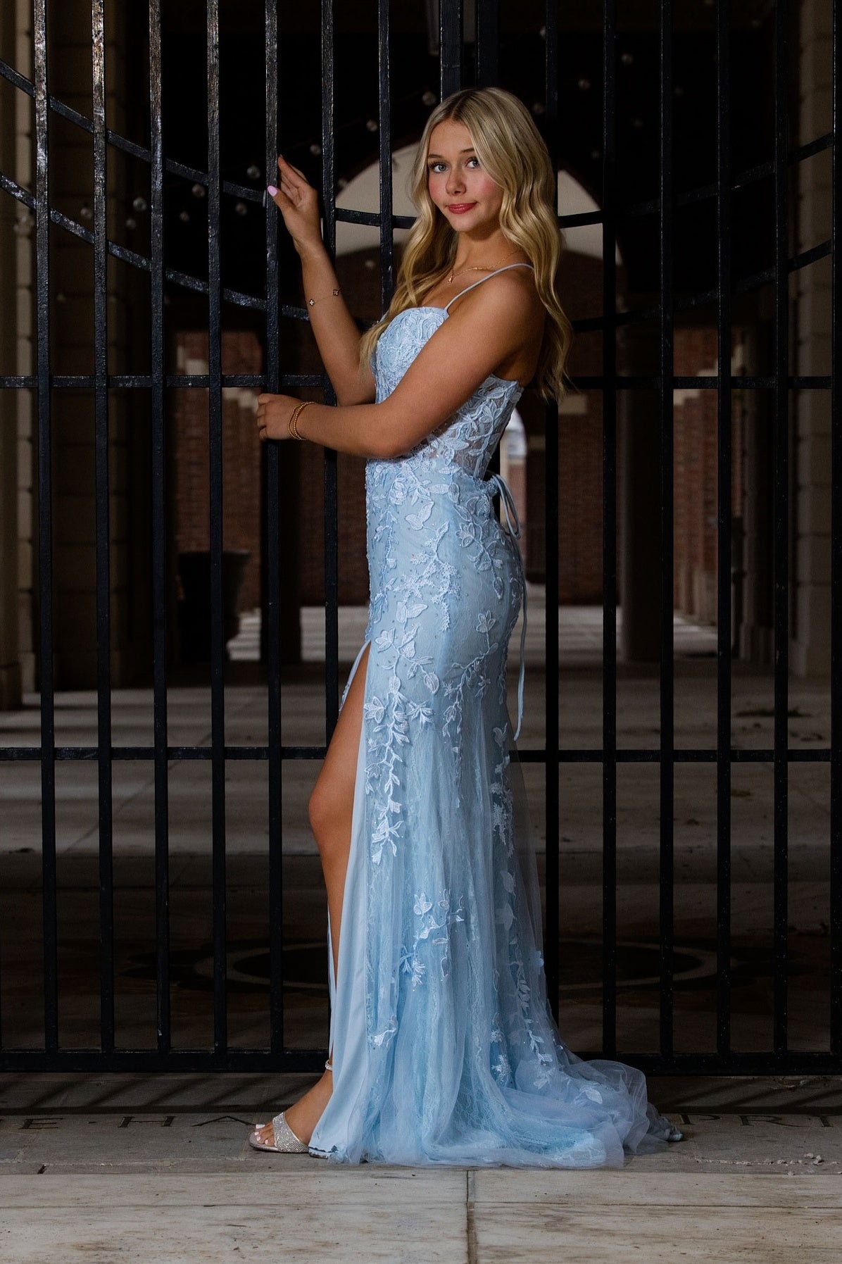 Straps Royal Blue Appliques Long Dress with Slit