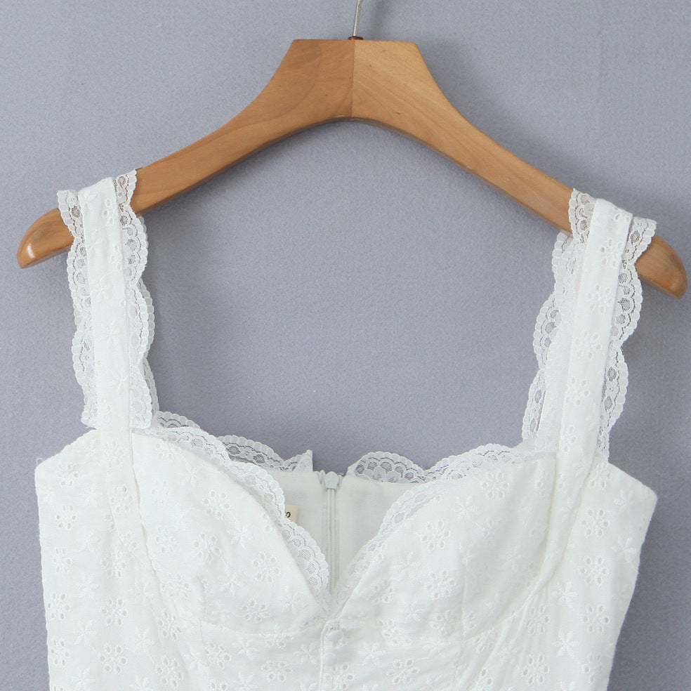 Straps White Lace Button Front Short Dress