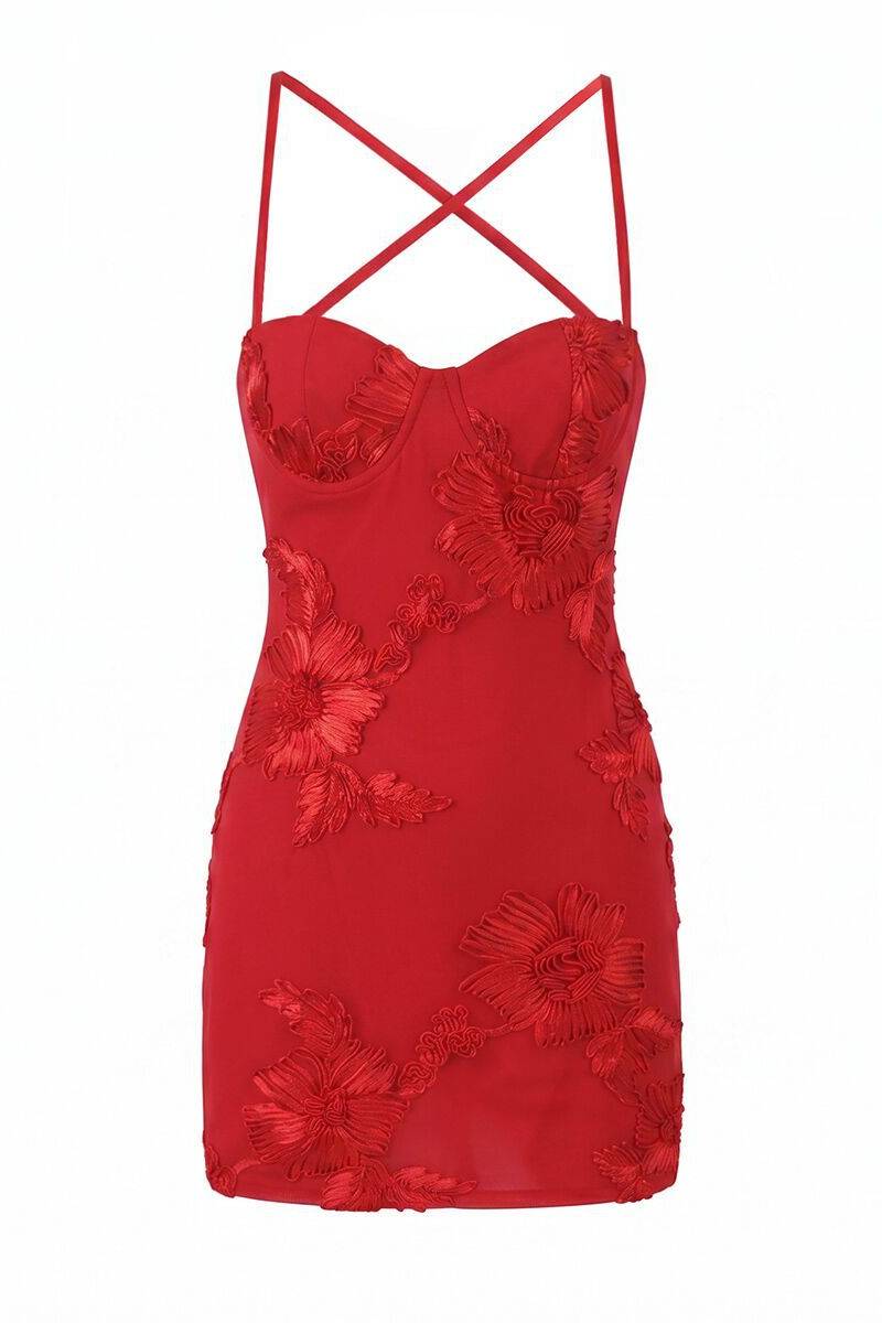 Straps Yellow 3D Floral Bodycon Short Dress