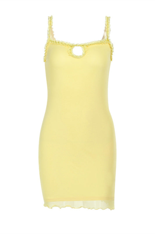Straps Yellow Bodycon Short Dress with Keyhole