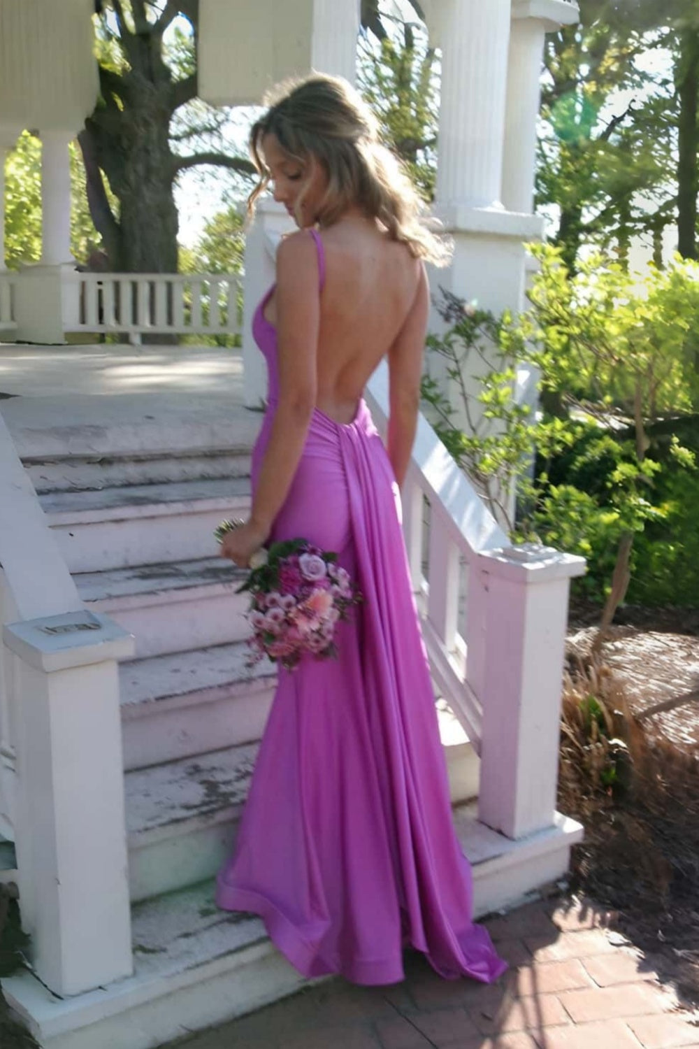 Straps Yellow Open Back Ruched Long Dress