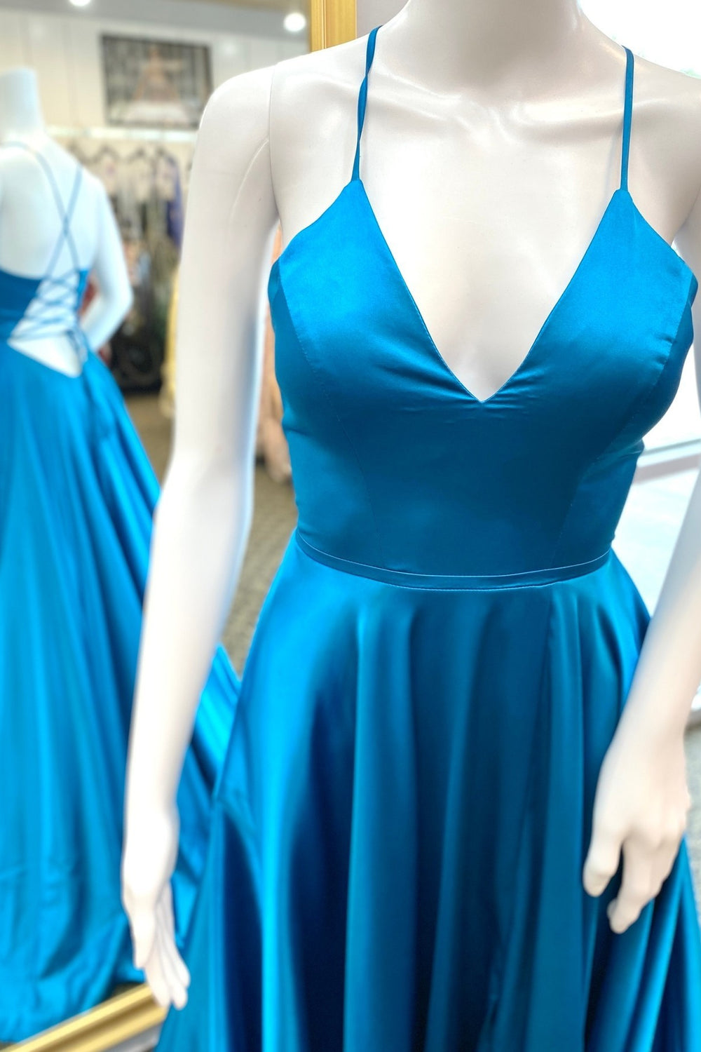 Straps Blue V Neck A-line Long Formal Dress