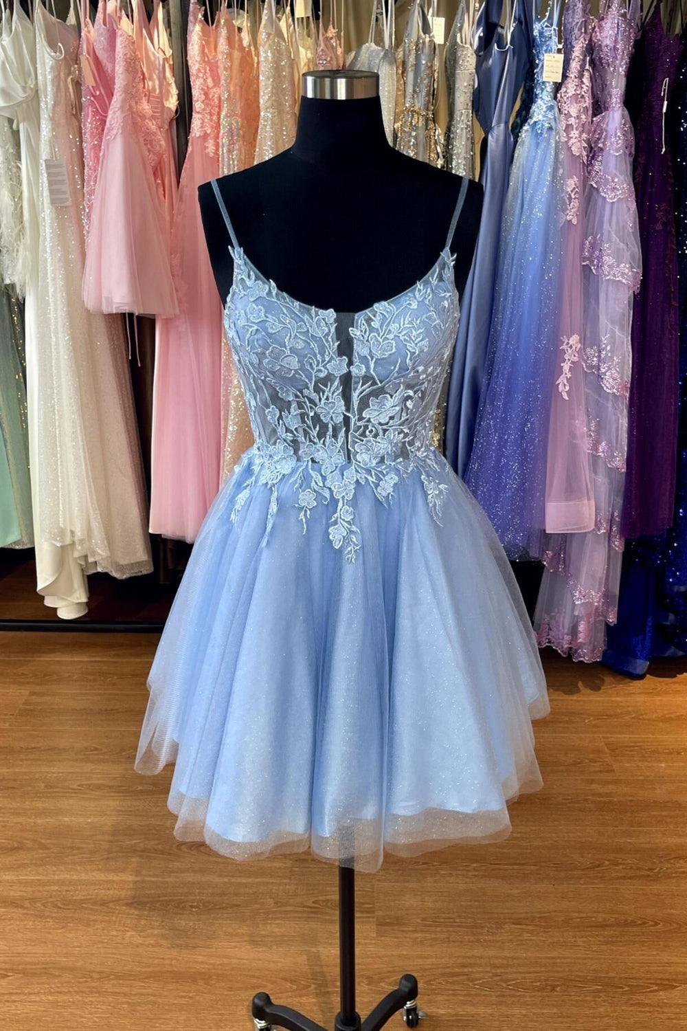 Straps Blue Appliques A-line Homecoming Dress