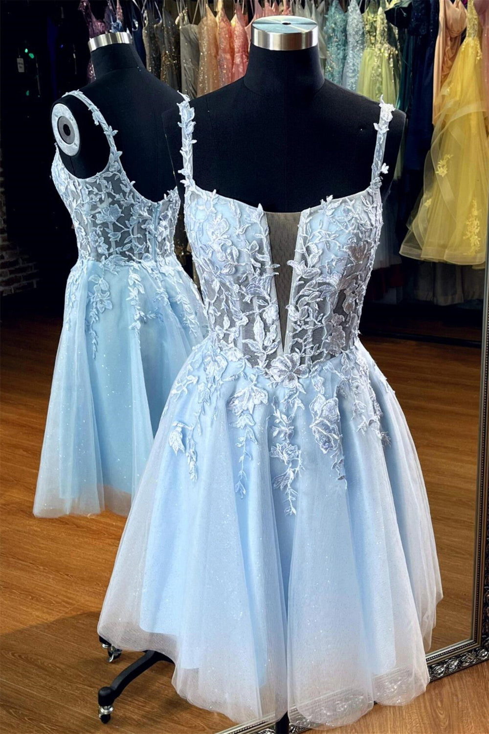 Straps Blue Appliques A-line Homecoming Dress