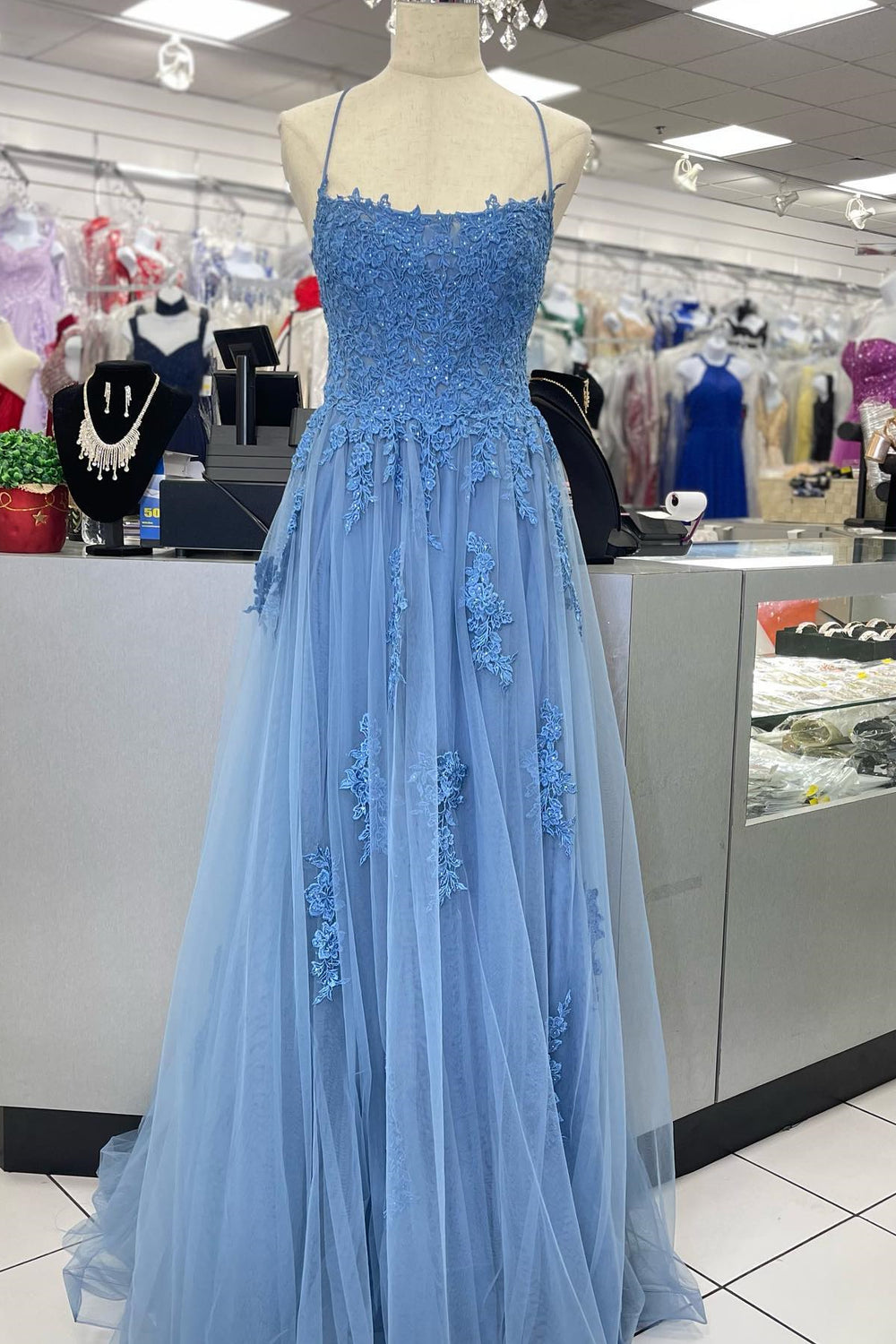 Straps Blue Lace Appliques Long Formal Dress