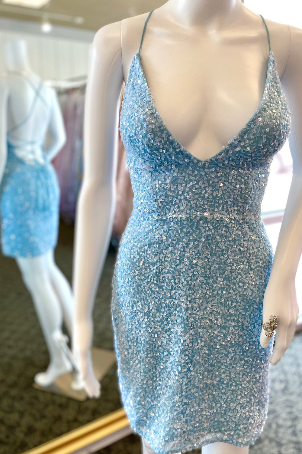 Straps Blue Sequin Tight Short Dress